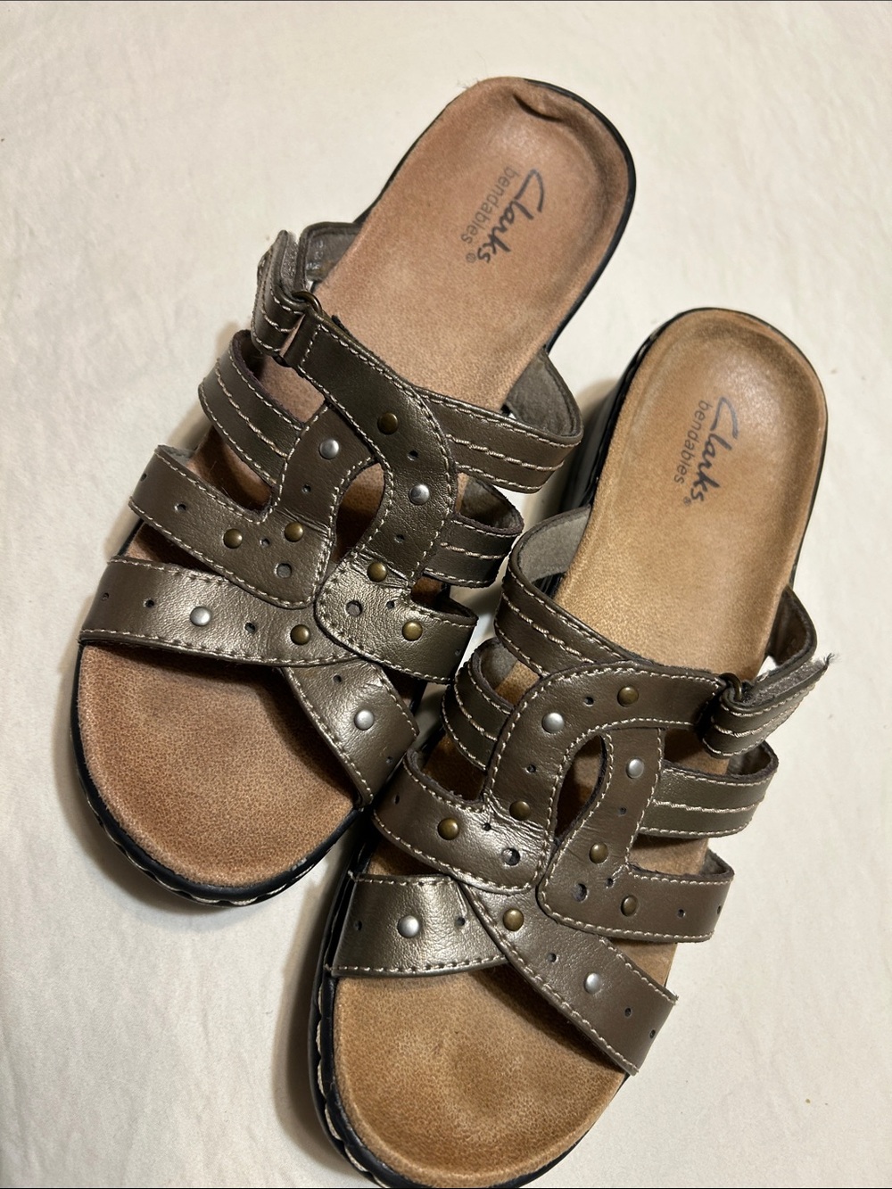 Clarks Olive Brown Studded Leather Slide Sandals - Picture 6 of 6